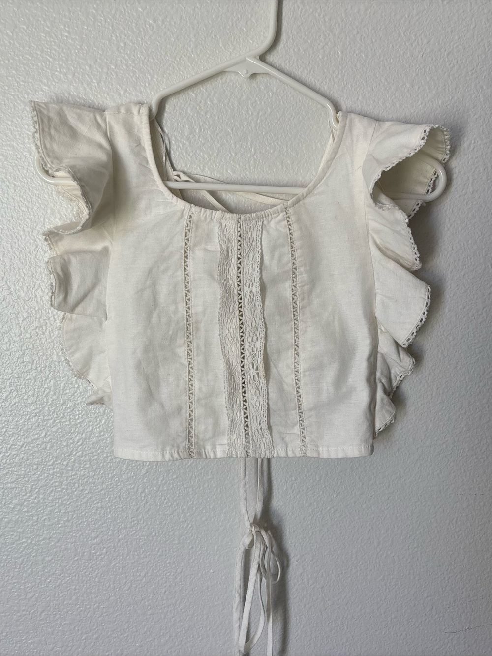 Zara Cream Lace-Trim Ruffle Sleeve Crop Top